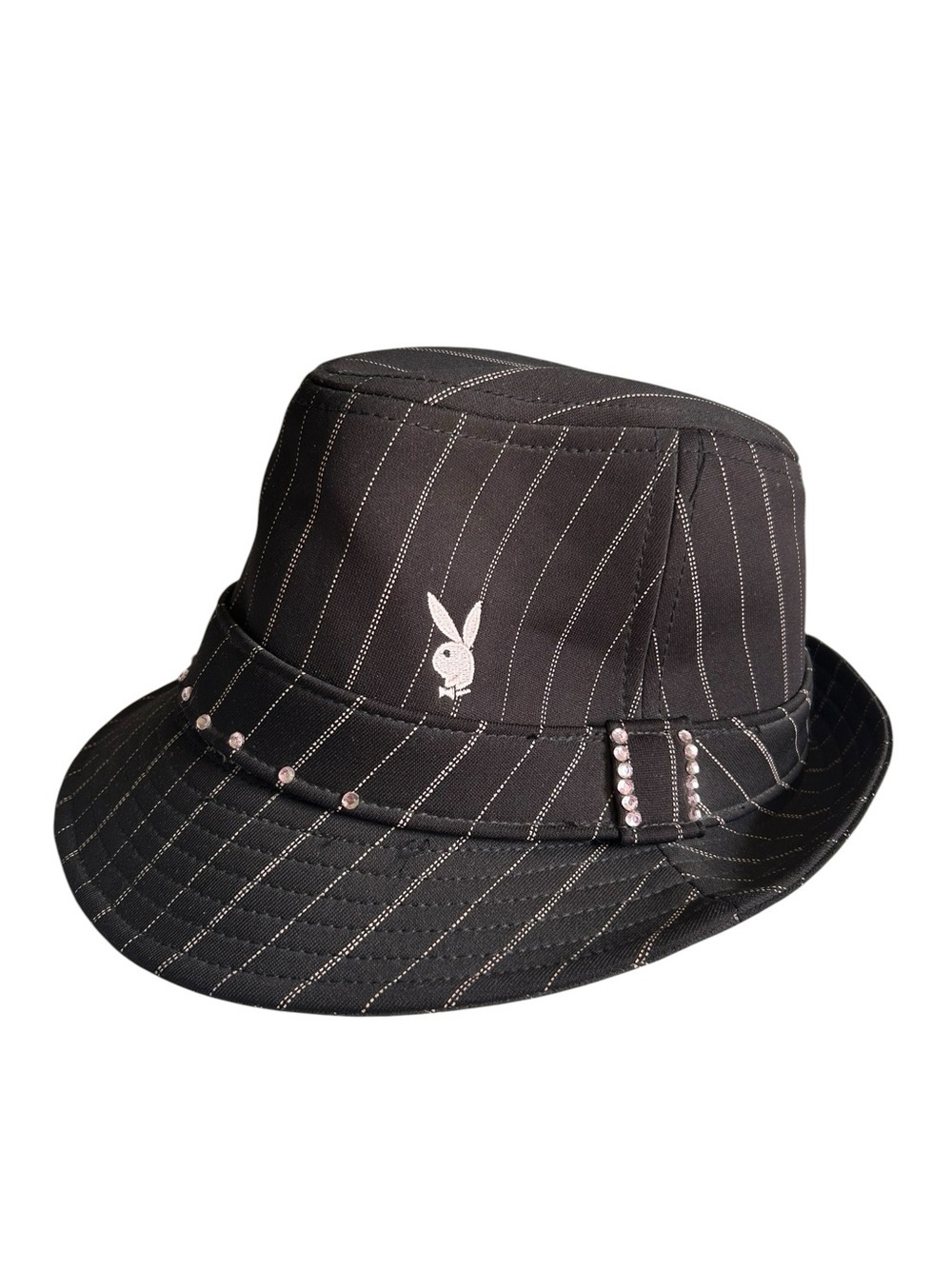 Y2K Playboy Fedora Pink Rhinestone Pinstriped Size L/XL Bling 2000s Grunge Bimbo